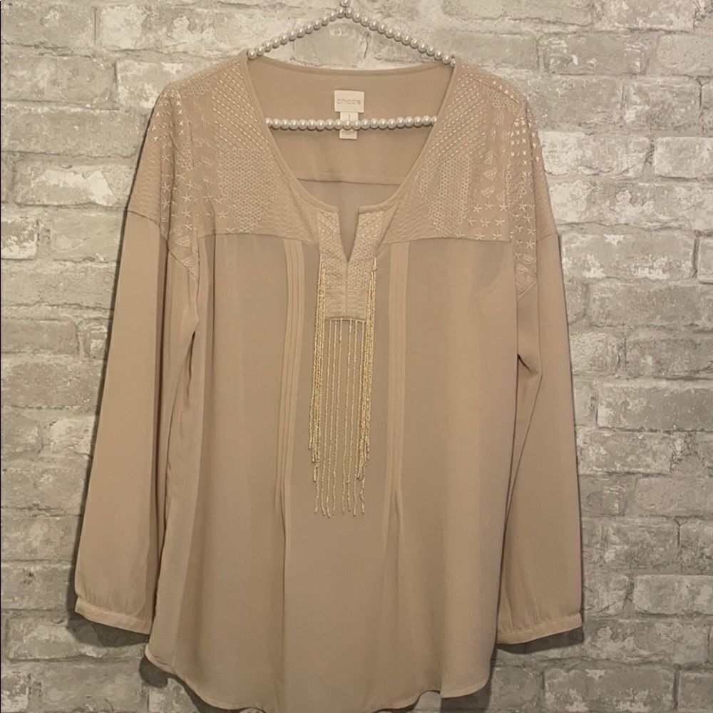 Chico’s Beige Semi Sheer Long Sleeve Beaded Top